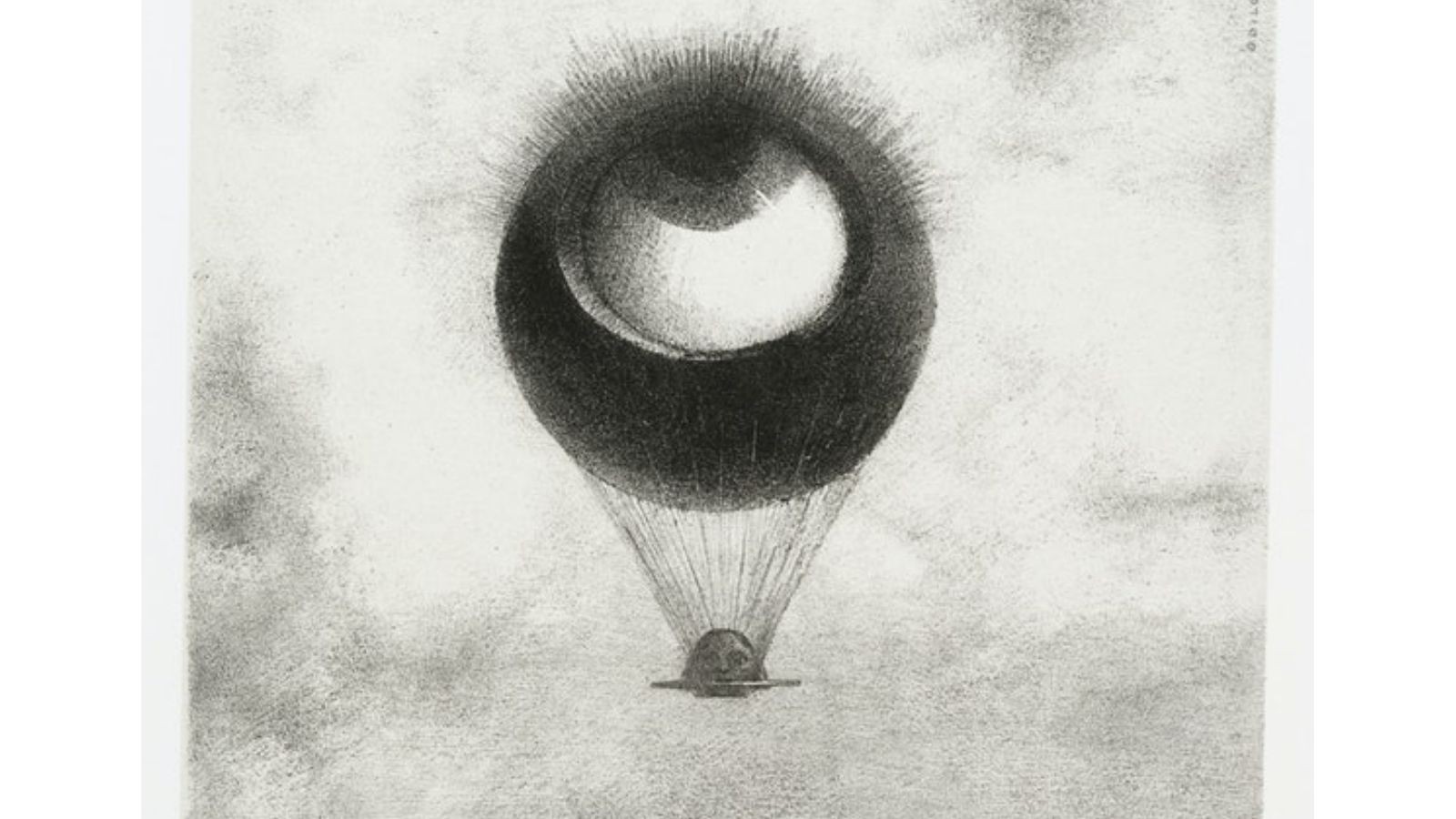 A portion of Odilon Redon's print of an eye hot air balloon, looking upward as it floats into the sky