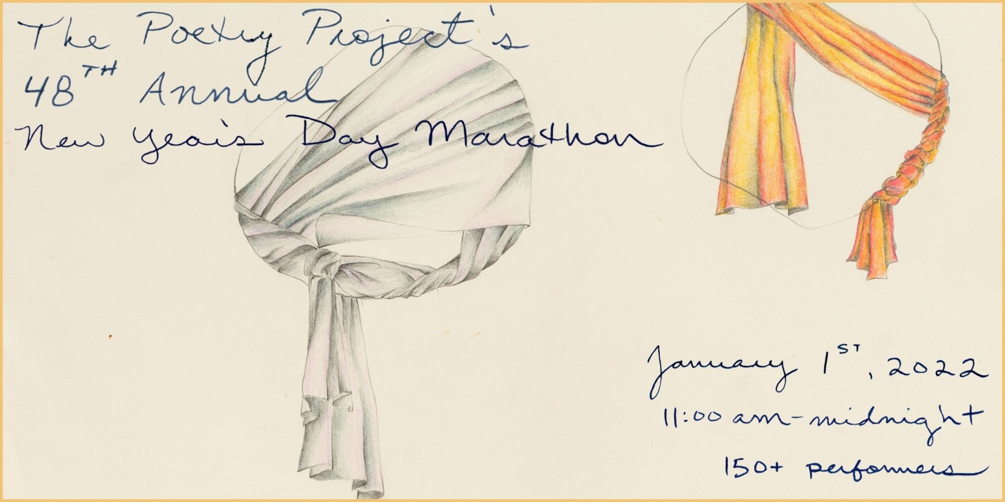 Flyer featuring a drawing by Rosemary Mayer of fabric folded and wrapped