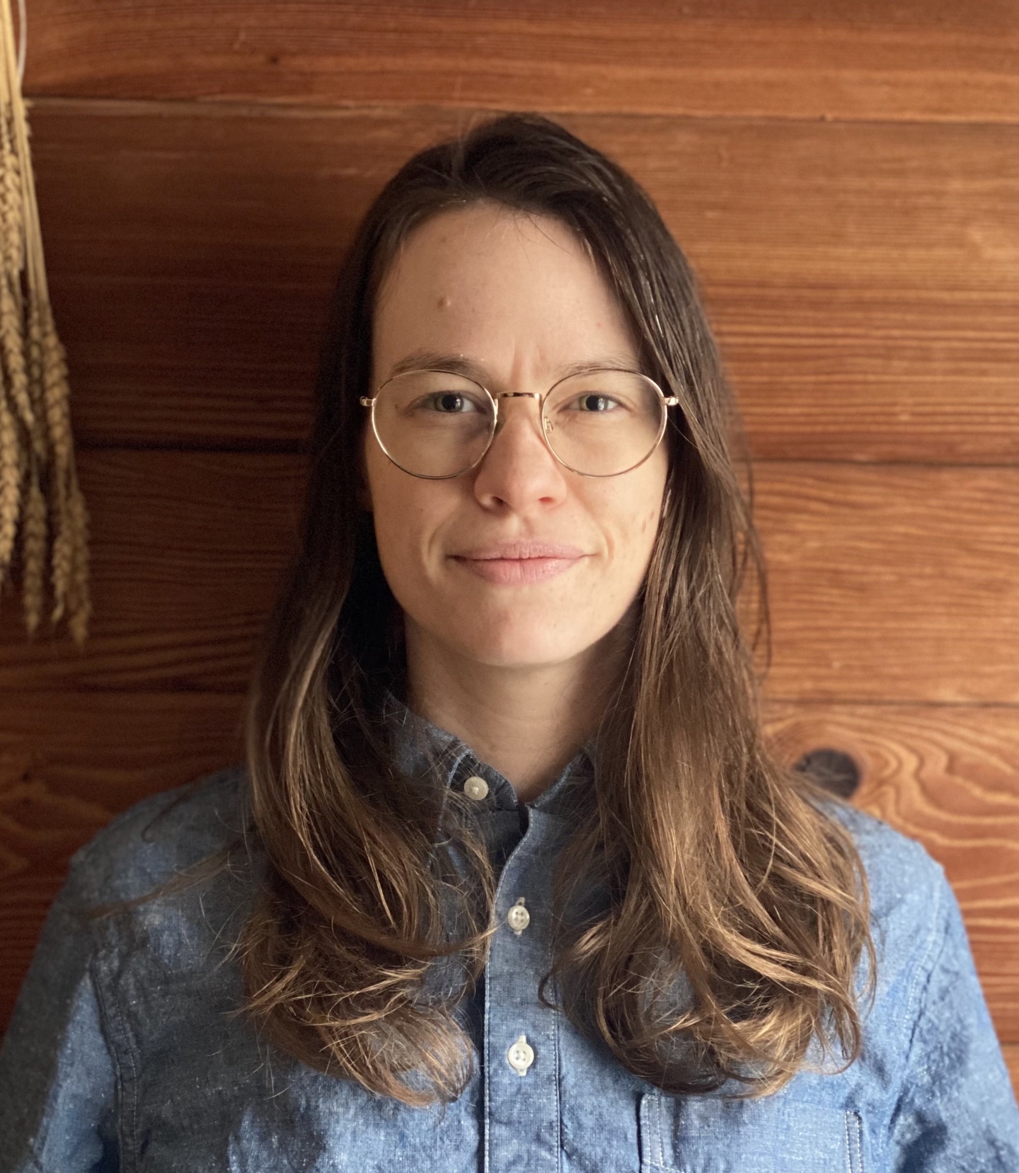 Alicia Mountain: a white cis woman with brown hair to below the shoulders, wear eyeglasses and a blue collared shirt. She looks into the camera directly with a slight smile. She stands indoors in front of a brown wood-paneled wall.