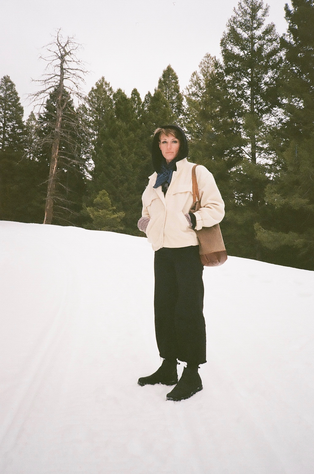 cassandra lee stands in a snowy landscape, with tall pine trees in the background