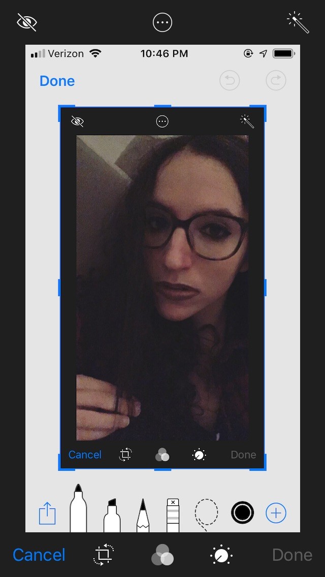 This portrait of Claire Donato wearing black lipstick and glasses is a screenshot from an iPhone with the various editing features visible