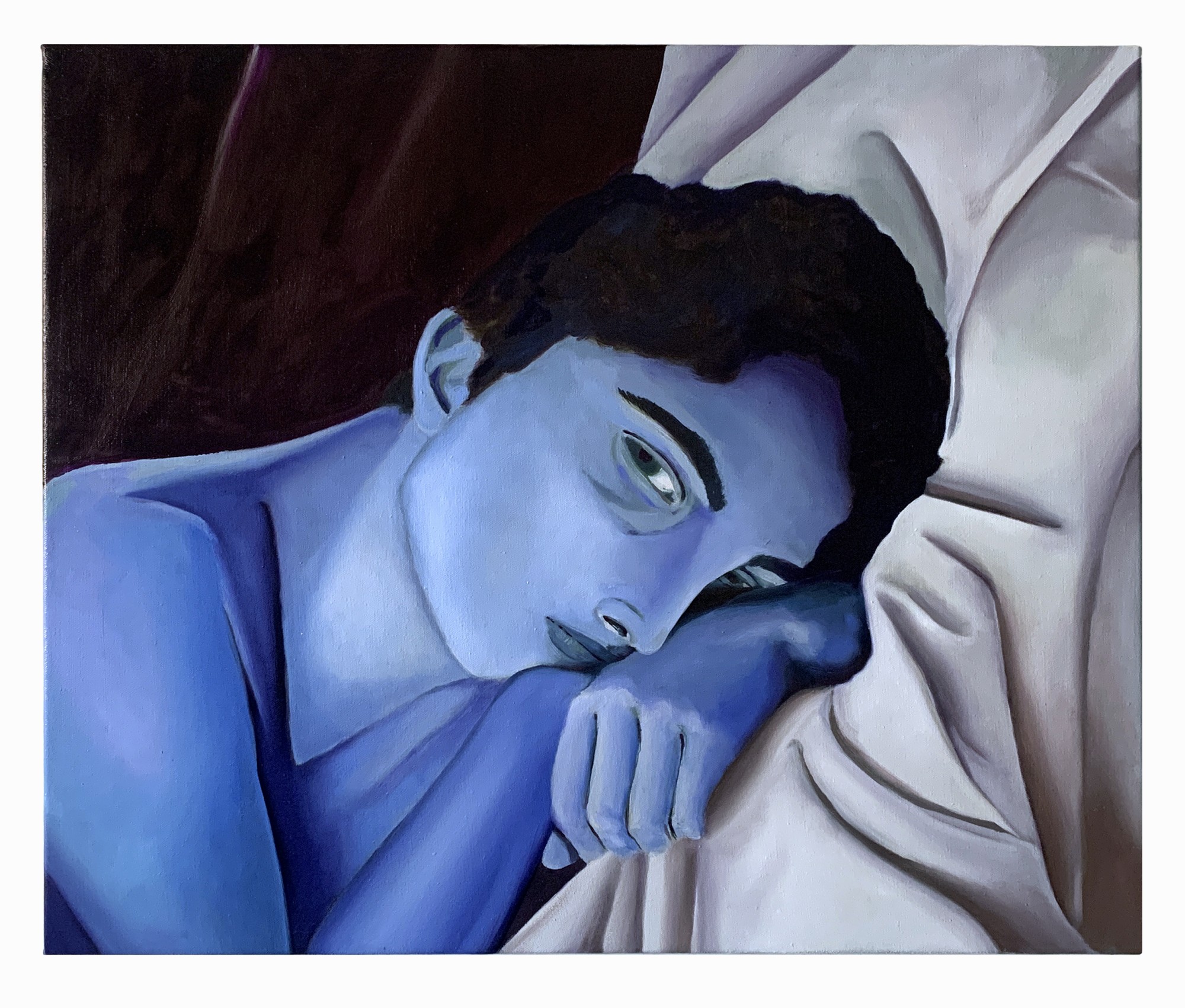 In this painted self-portrait, Eli Hill reclines on a white sheet with their face on their hands, their skin painted blue