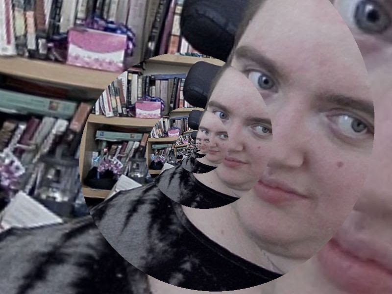 a close webcam photo of Elizabeth Hassler is cropped and repeated in concentric circles five times. Elizabeth is at the right of the photo, to the left in the background are books.