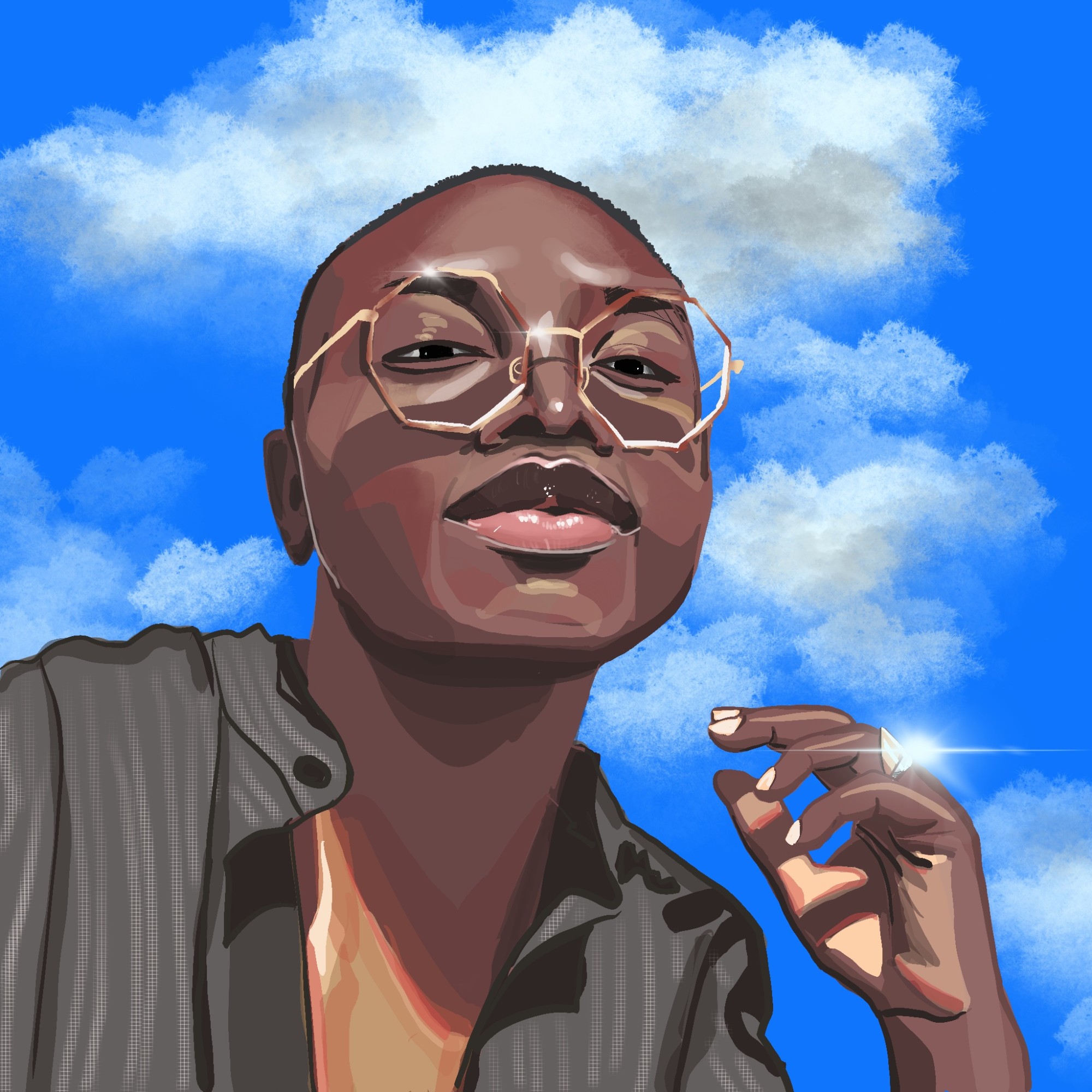 Digital illustration of the author beneath clouds and blue sky.