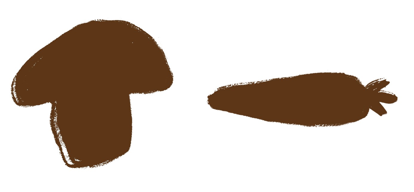 A sketch of a mushroom next to a carrot, each painted in the same warm brown