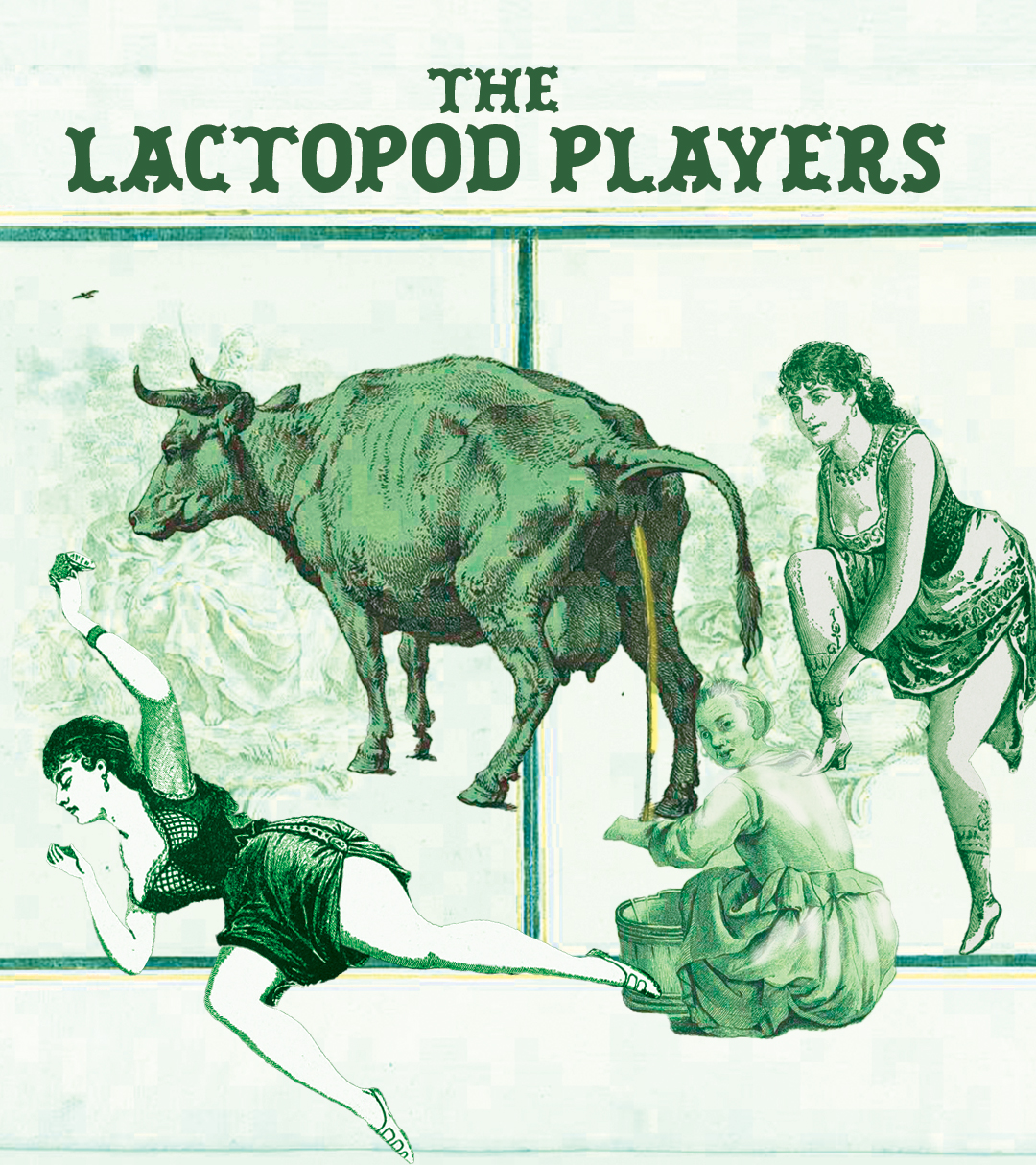An engraved woodcut of The Lactopod Players. Design by Grace Caiazza.