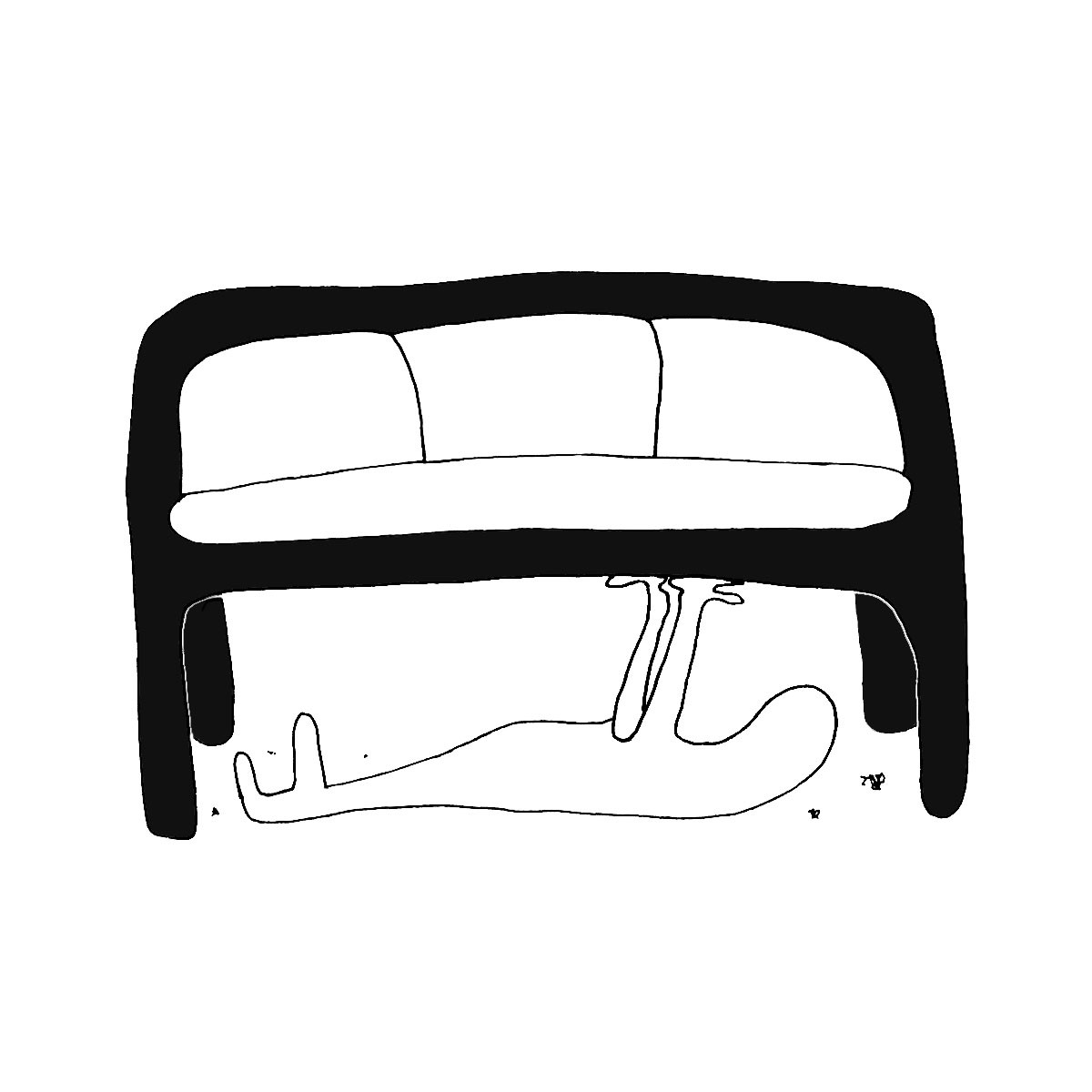 Drawing of figure lying under couch by Leah Feuer