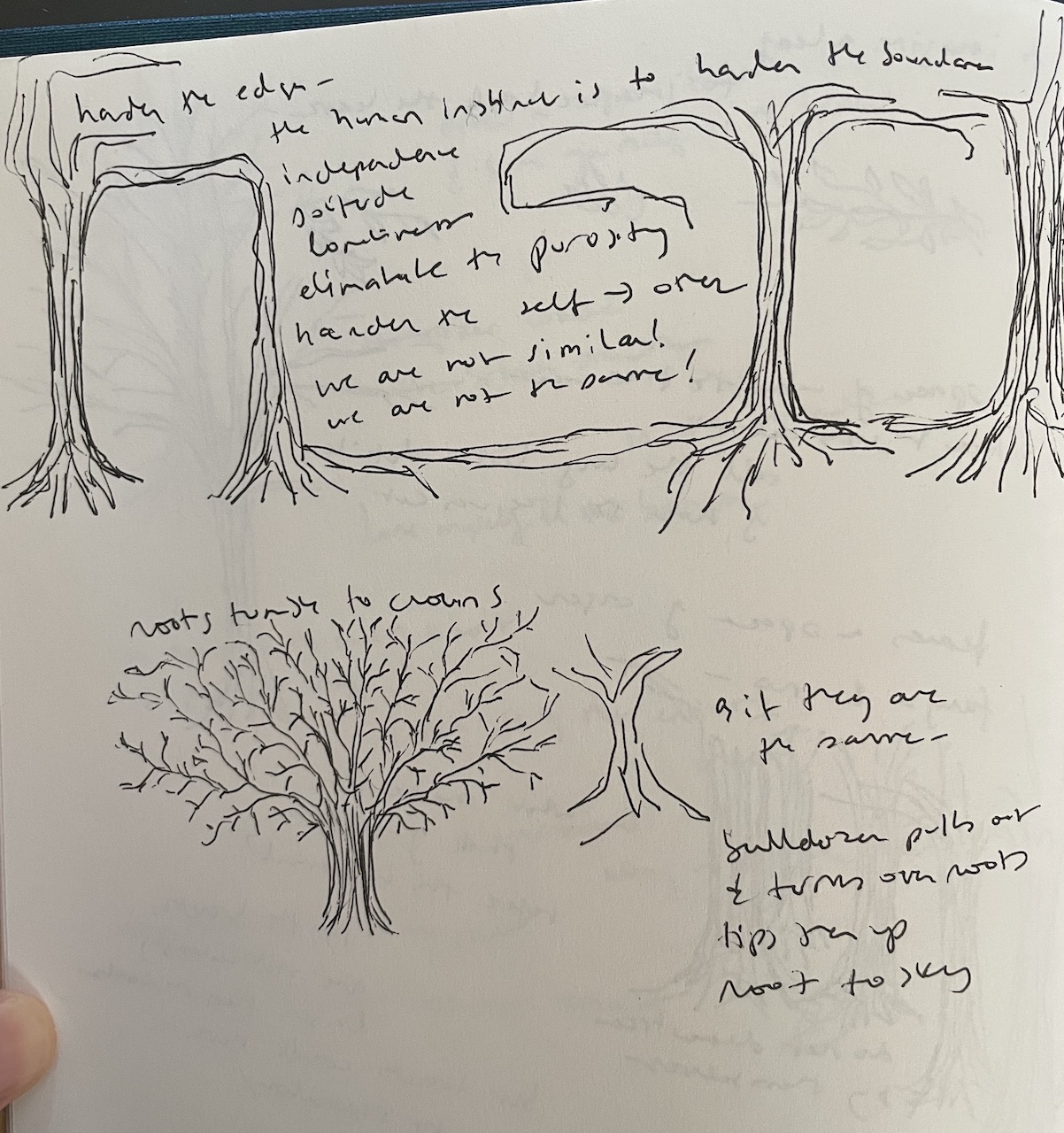 A notebook page with sketches of trees in a row, their roots intersecting, and another tree below, in full bloom. Around the drawings are notes, at times indecipherable, reading –
the human instinct is to harden the boundaries
independence
solitude
loneliness
eliminate the porosity
harden the self  other
we are not similar!
We are not the same!

roots tumble to crownS

as if they are
the same–

bulldozer pulls out
&amp; turns over roots
tips them up
root to sky