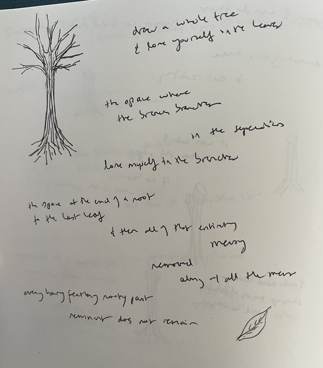 A notebook page with a drawing of a tree without leaves in the upper left corner, and a single leaf in the lower right corner. Around the drawings are notes, at times indecipherable, reading – 
draw a whole tree
&amp; lose yourself in the leaves

the space where
the branch splits

in the separation

lose myself in the branches

the space at the end of a root
to the last leaf

&amp; then all of that entirety
messy

removed
along with all the mess

every hairy feathery rooty part

remnant does not remain
