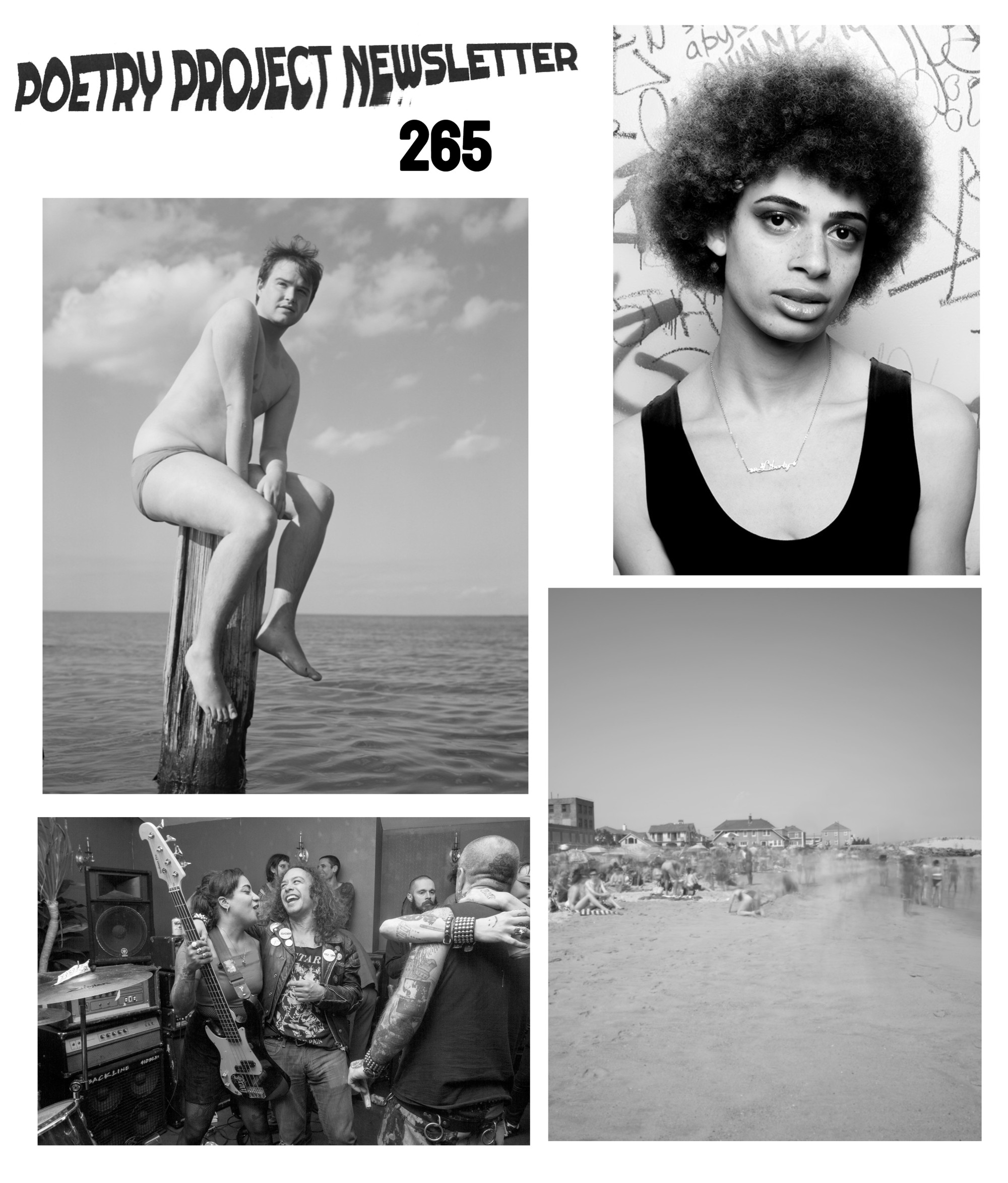 Photos by (clockwise from top left:) Chris Berntsen (photo of a person sitting on a pier pile in the water), Destiny Mata (portrait of a person wearing a black tank top), Chris Berntsen (landscape photo of a beach), Destiny Mata (a group of friends gathered and embracing, one holding a bass guitar)