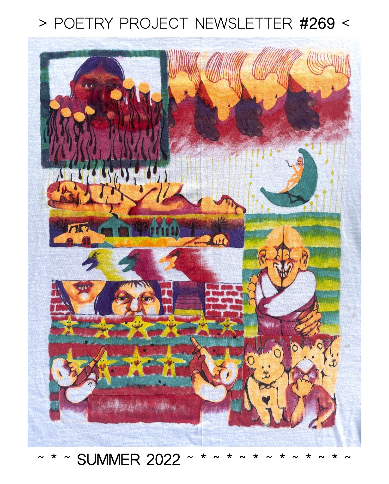 Sarah Kirby's artwork, an ink and paint piece on white cloth background, composes a dreamscape from collaged modules: in the top left corner, a god-like figure seems to rain from its fingertips; in the top right corner, four more gods breathe wind into a red sky. A green moon hands below, a landscape and a car driving through the night; a grinning man in a straightjacket. Three birds from the neck up, in a repeated rhythm; a woman's face cut into two parts, she's looking at us. Rows of smiling stars threatened by soldiers with guns. And in the bottom row, a cluster of teddy bears. The main colors are: yellows, cool green, and various shades of red.
