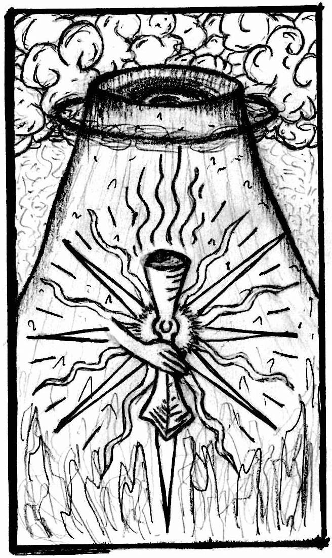 A black and white drawing in tarot card style: a hand holding a beaming grail chalice, floating before a steep volcano on the verge of eruption.