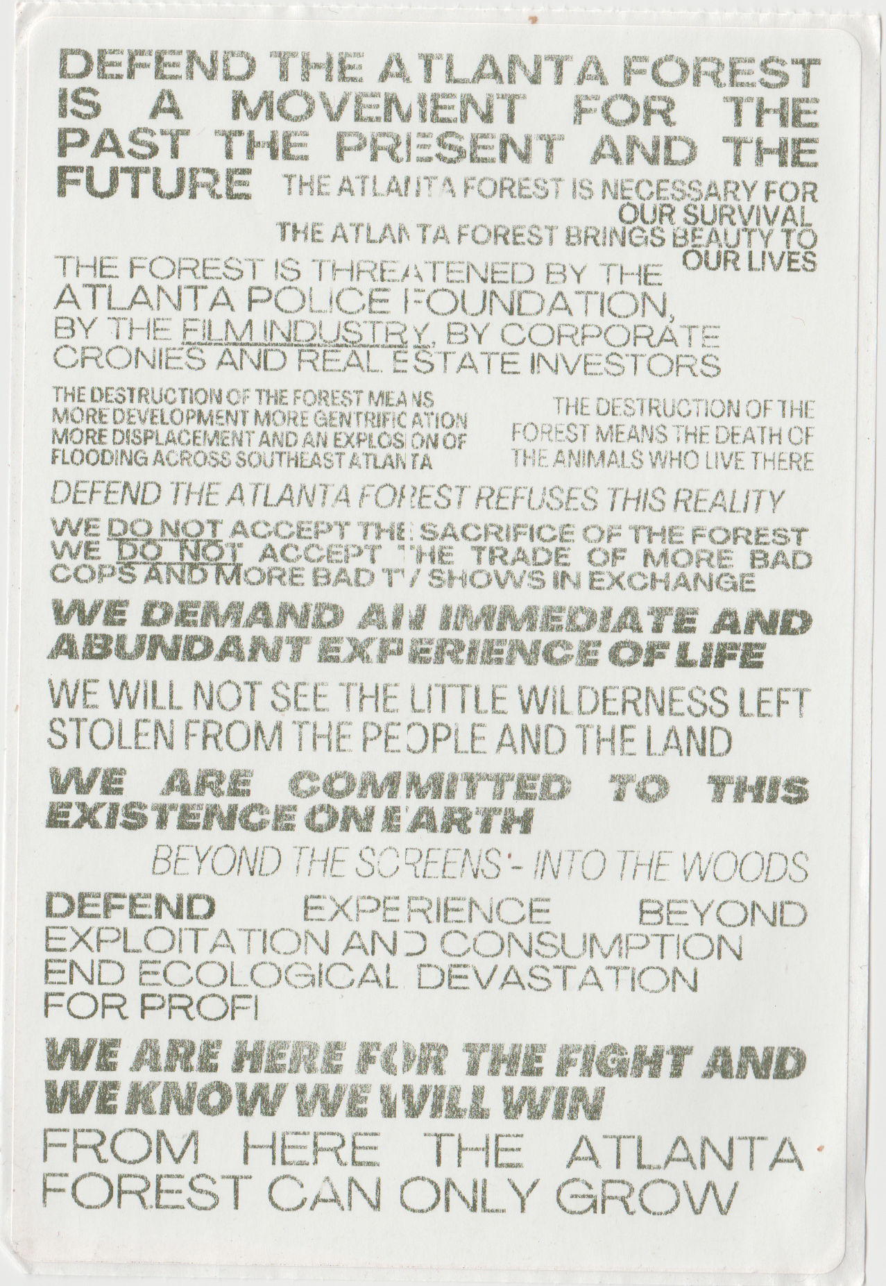 Typographic flyer from the DTF movement; faded black text on gray paper.