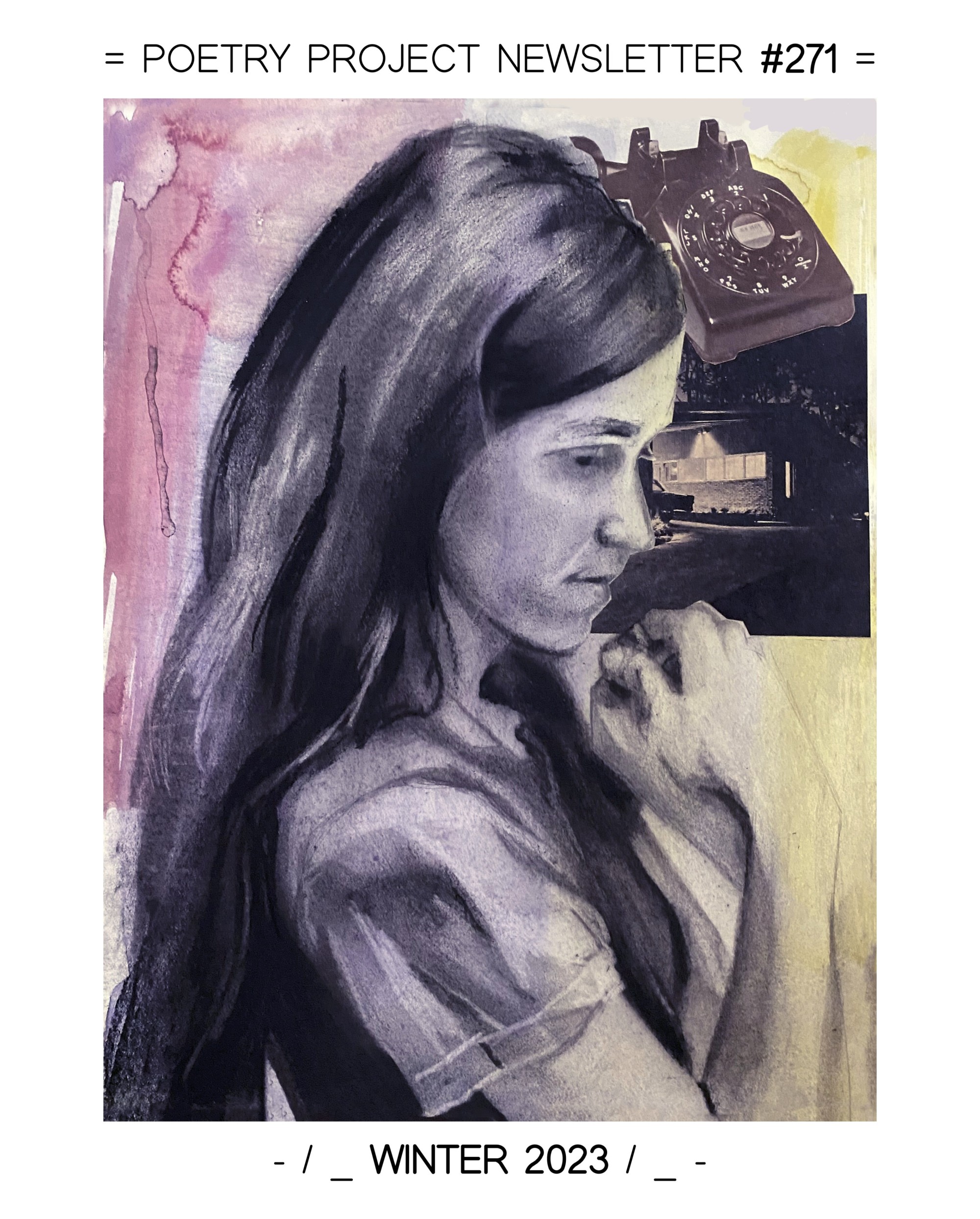 A portrait of Bernadette Mayer done in watercolor, charcoal, and collage. The portrait is a riff on an iconic photo of a young Mayer from her Memory series. This piece features Mayer in grayscale, against a background of red and yellow wash, in which is incorporated collaged images of a rotary telephone and a house with its lights on in the night.
