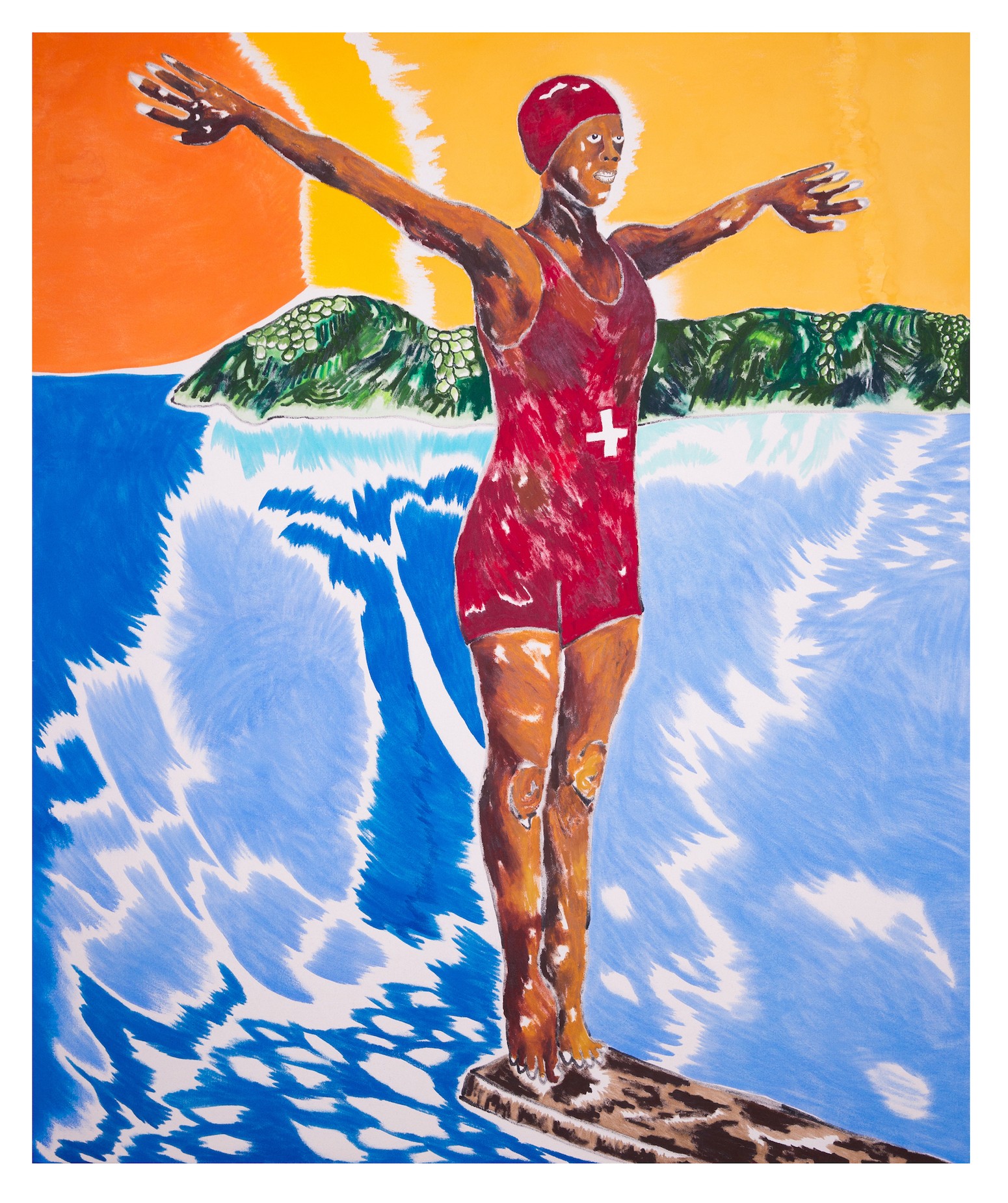 Chase Hall’s The Lifeguard, 2020, 72" x 60," Acrylic and coffee on cotton canvas. Painting of a lifeguard wearing a red bathing suit and swimming cap, standing on a diving board with their back to the water.